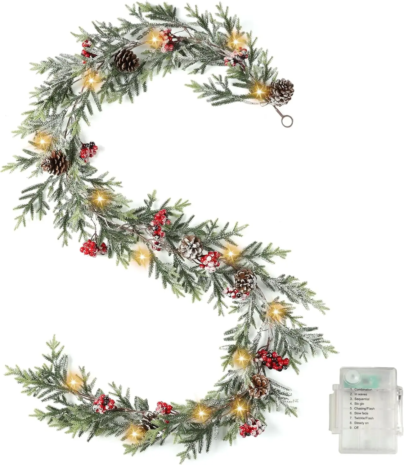 

6 FT Pre-Lit Artificial Christmas Garland with Red Berries Pine Cones for Mantle Stairs Railing Home Decoration