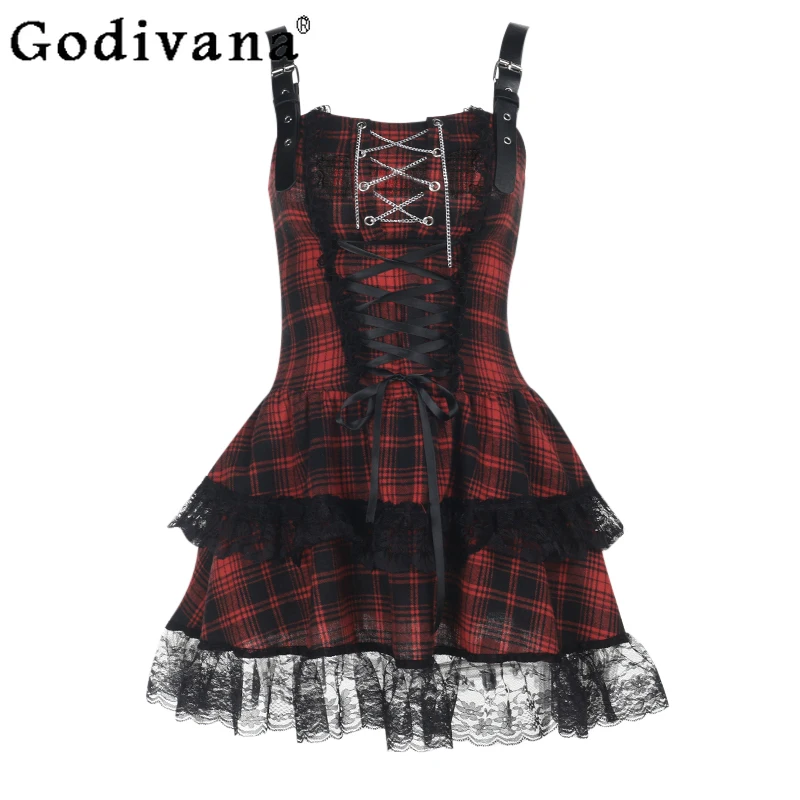 

Elegant Personality Dark Style Spring Summer Red Plaid Sleeveless Dress Sweet Cool Girl Chain Lace Belt Suspender Cake Dresses