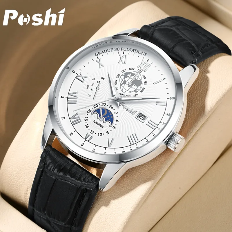 POSHI Top Brand Mens Watches Fashion Classic Quartz Wristwatch Luxury Calendar Week Display Man Watch Original Chronograph Clock