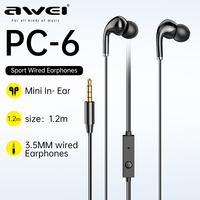 Awei PC-6 3.5mm Wired Headphones In Ear Headset Wired Earphones with Mic Bass Stereo Earbuds Sports In-line Control For Phones
