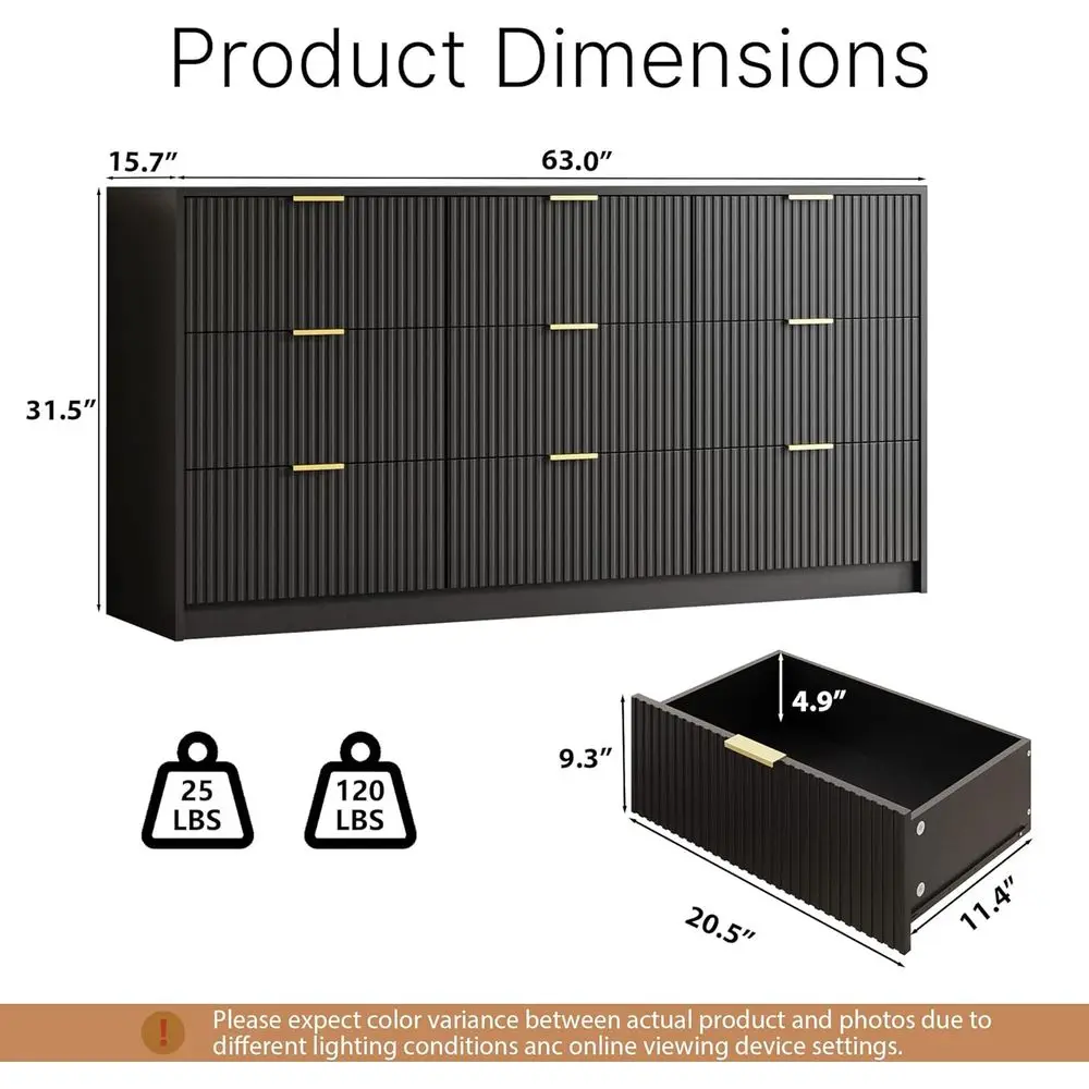 침실, 거실, 복도 수납용 금색 손잡이가 있는 63폭 검정색 나무 서랍장