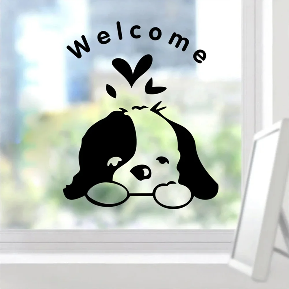 cartoon dog welcome letters black vinyl wall decals for shop home door wall art decor adesivos de parede diy sticker