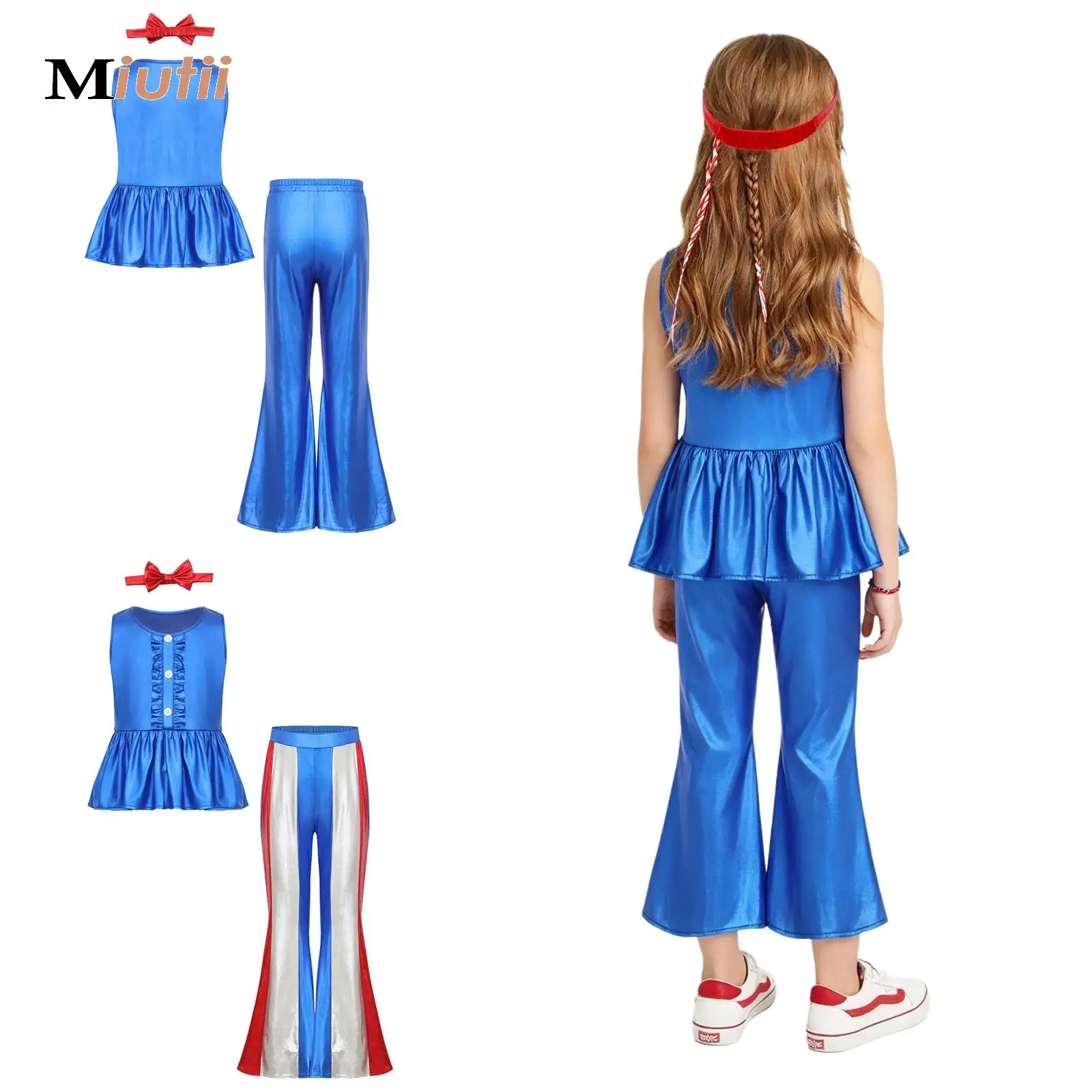 

Kids Jazz Street Dance Costume Fashion Cool Bright Metallic Clothes Set Girls Hip Hop Tank Tops Pants Headband Runways Show Set