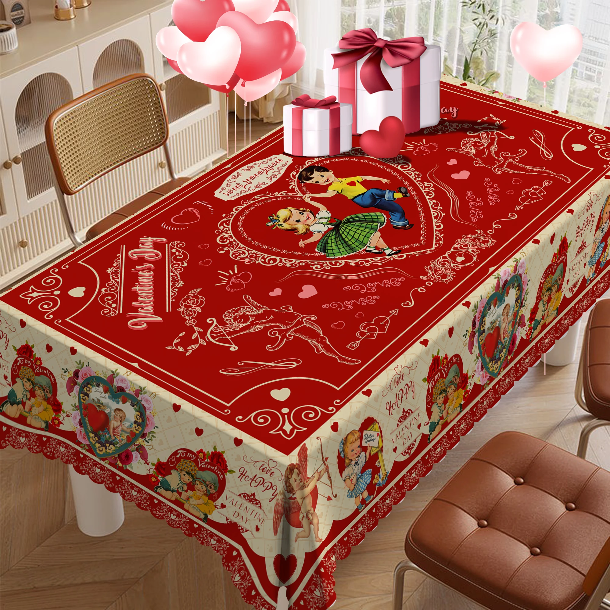 1 Piece Valentine's Day Red Round and Rectangular Tablecloth, Available in Various Sizes, Heart Rose Cupid Vintage Children's Gift Box Print Round Decorative Tablecloth, Embossed Edge Craftsmanship, Valentine's Day Home Dining Table Decoration, Suitable for Daily Home Kitchen and Patio Use, Valentine's Day Gift