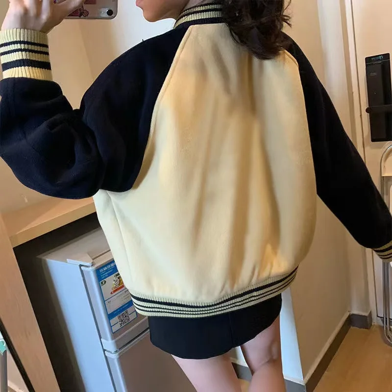 Nice Women Spring Autumn Pocket Baseball Jacket Female Single-Breasted Stand Collar Casual Slim Coat Patchwork Button Print Oute