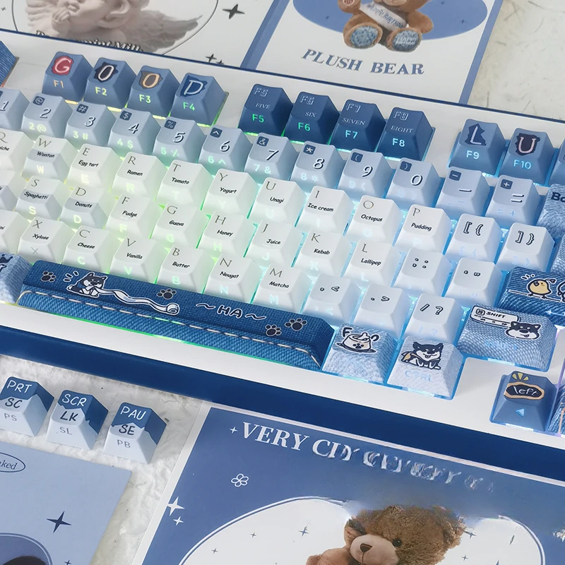 [Cowboy Shiba Inu] Puppy Keycap Cherry Side Engraved Blue Keycap Set Pbt Thermal Sublimation Cute Cartoon 120Keys Keycap