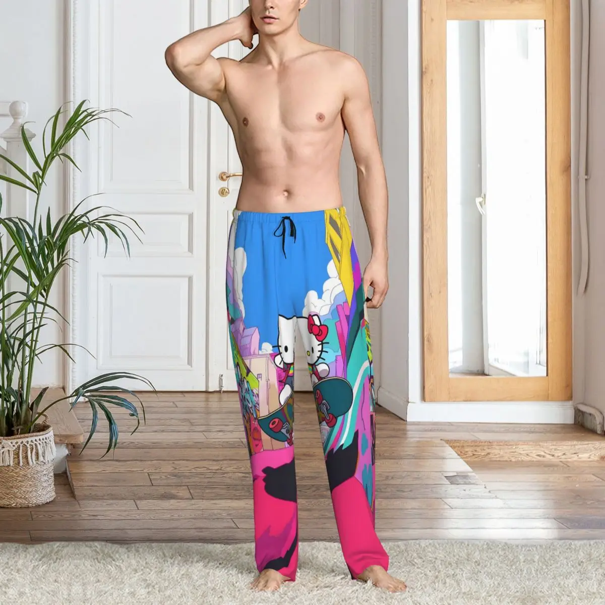 Custom Hello Kitty Pajama Pants Men's Cartoon Character Sleepwear Lounge Sleep Bottoms Stretch with Pockets