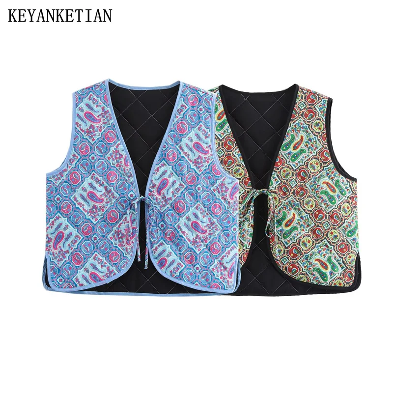 KEYANKETIAN 2024 Autumn New Women's Paisley Print Sleeveless Padded Vest Ethnic style Bow Lace Up Thin Waistcoat Retro Short Top