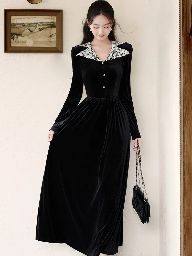 韓国風ヴィンテージ風ヘップバーン風高級イブニングドレス 秋冬 ブラックベルベット パッチワークドレス 2025 エレガント ボディコン フェスティバルドレス