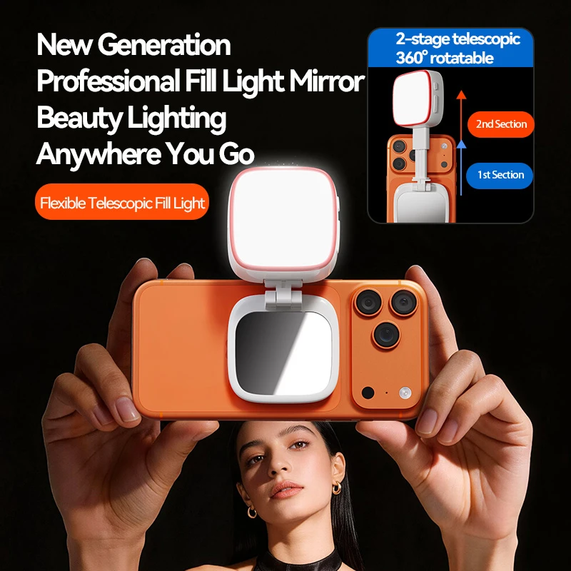 3-in-1 Magnetic Phone Fill Light 360° Rotation Bracket With Makeup Mirror Folding Portable Fill Light For Live Streaming Selfie