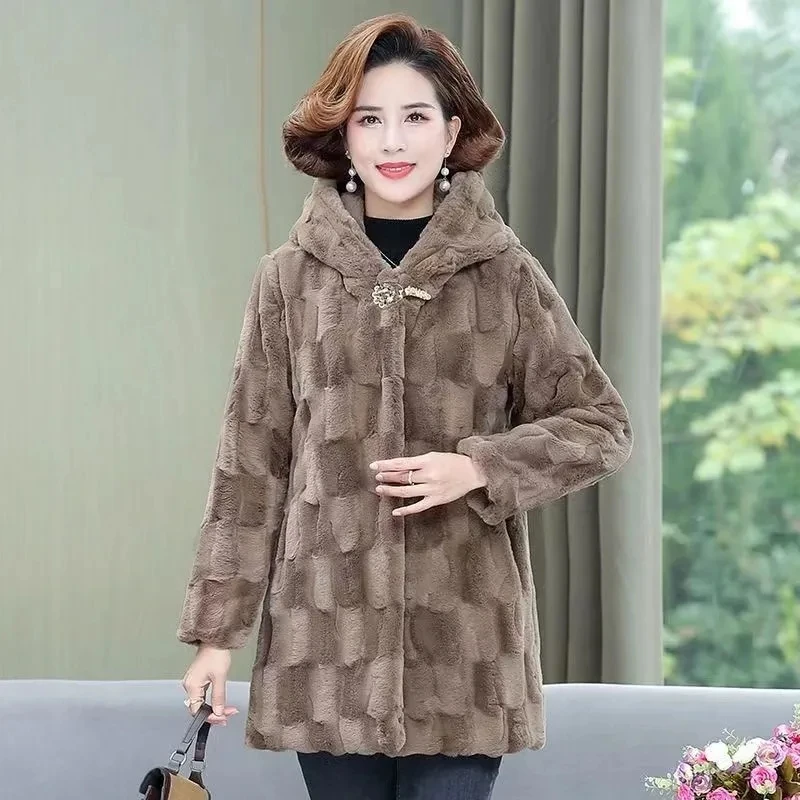 New Mother\'s Winter Coat High-End Mink Velvet Imitation Fur Coat Middle-Aged And Elderly Women\'s Hooded Thicke Mink Velvet Coat