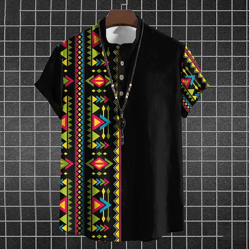 Tribal Ethnic Style 3D Print Henley Shirts Men Vintage Oversized Button Stand Collar Short Sleeve T Shirt Tees Tops Man Clothing