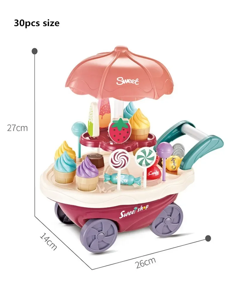 Ice Cream Montessori Toddler Toys Kitchen Toys Pretend Play Food Ice Cream Cart with Storage Trolley Toy Set for Children Gifts