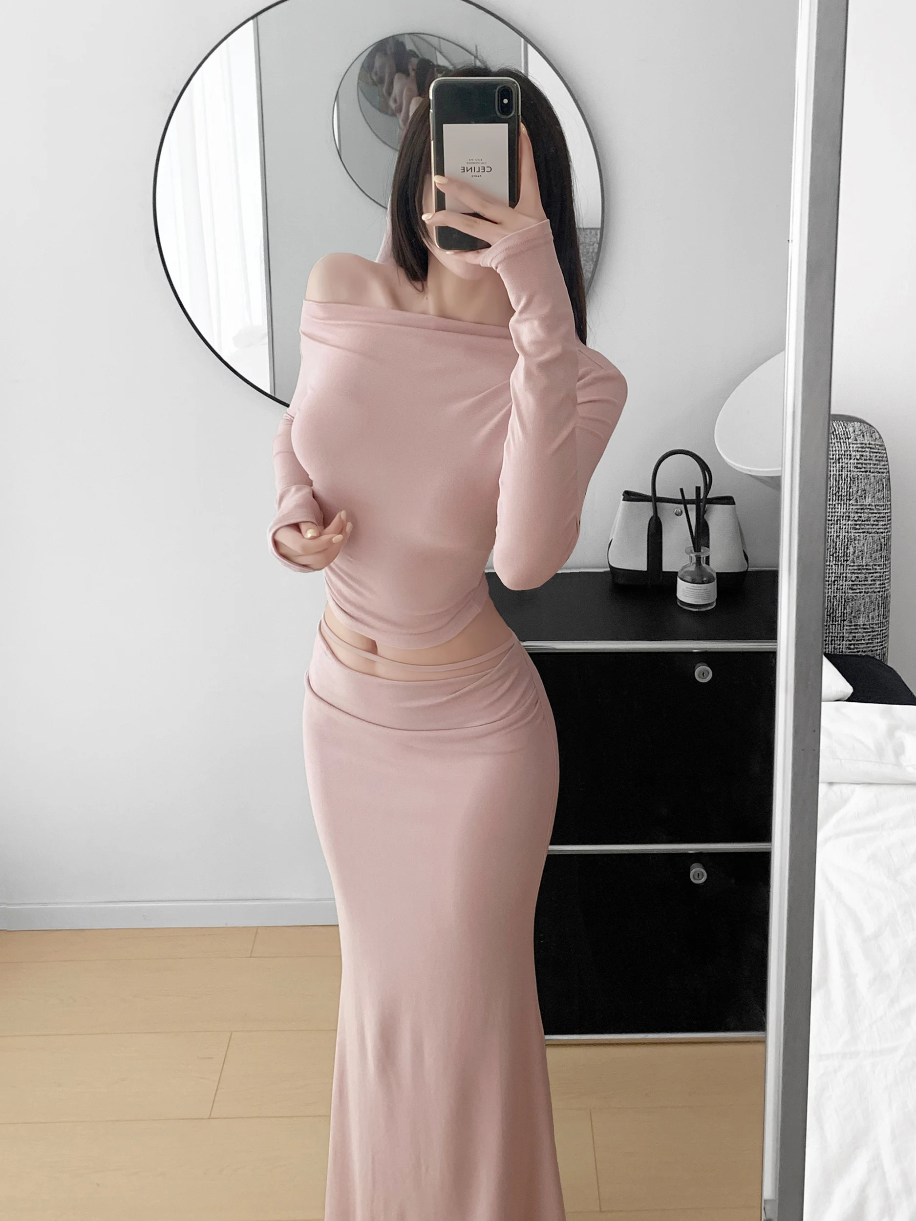 Women's Shoulder Bared Long Sleeve Short Bodycon Dress with Half Skirt Two Piece Set Cover up Summer Autumn Fashion Set