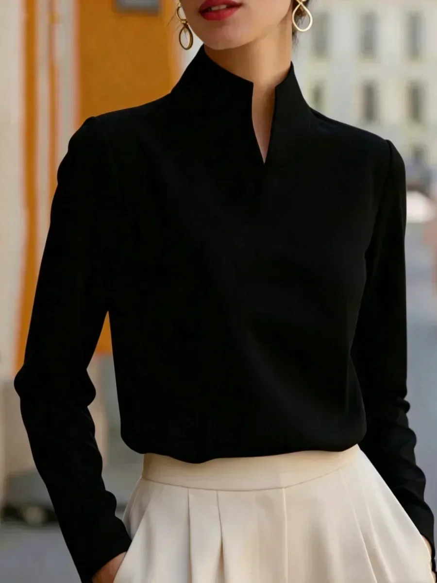 Damen-Bluse mit Stehkragen und Schlüsselloch-Ausschnitt, Langarm, Satin, Glatt, Elegant, für Büro und Business – Detail 3