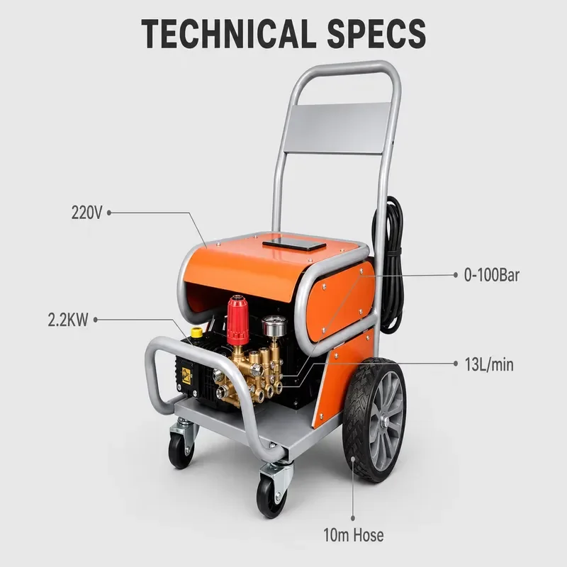 for DIKE 220V Electric High Pressure Washer 2.2KW 100 Bar 13L/min Mobile Car Wash Self-priming 4 Nozzles Stainless Steel
