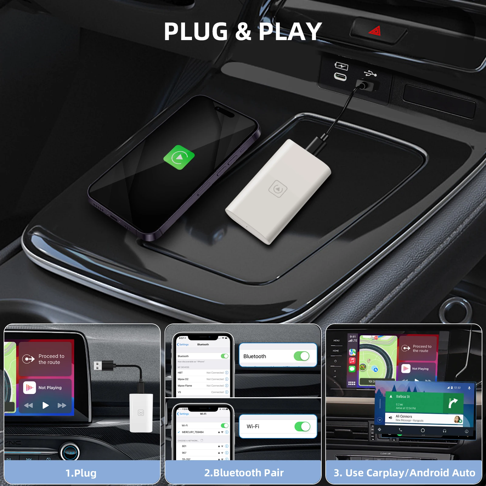 kSmart auto Wireless CarPlay & Android Auto Adapter Dongle Unplug & Play For OEM Car Wired CarPlay