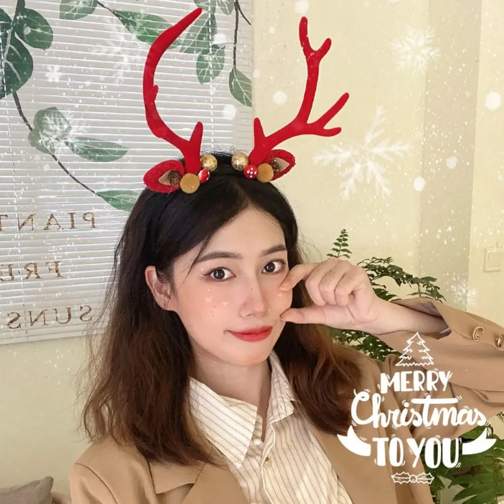Рождественская повязка на голову с колокольчиком, плюшевый шар, повязка на голову с рогами и цветами, украшение на голову, обруч для волос с изображением лося, праздничное украшение