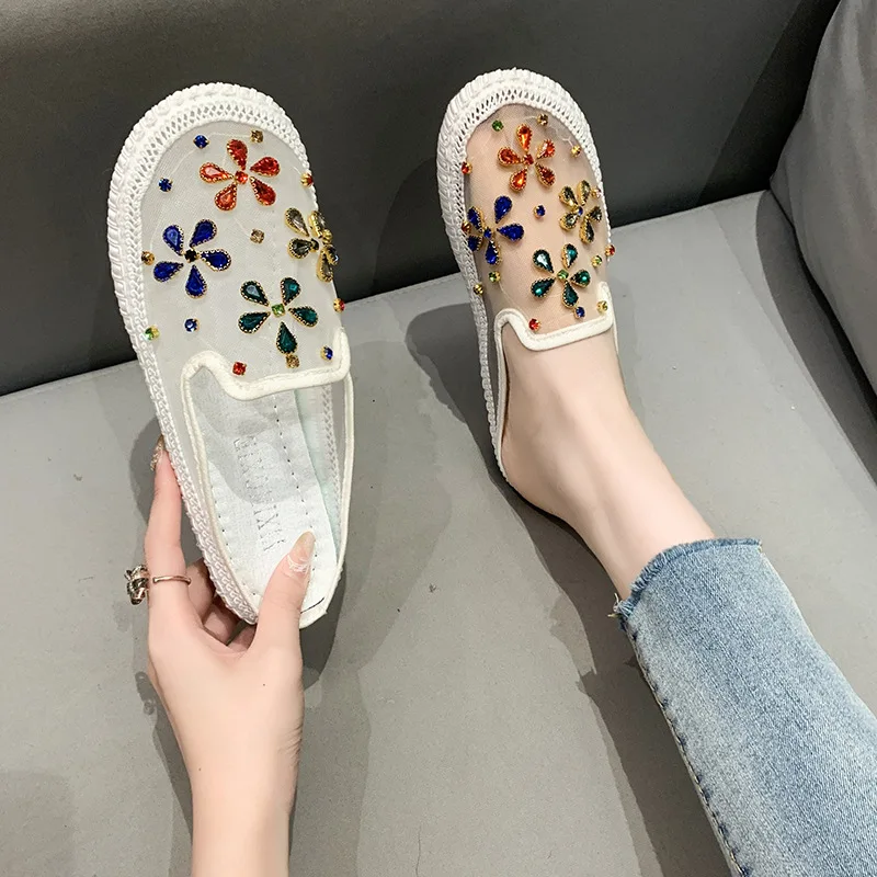 Soft Shoes Woman Flats Casual Female Sneakers Shallow Mouth Flax Slip-on Crystal Round Toe Dress Linen Slip On Rhinestone Knitti