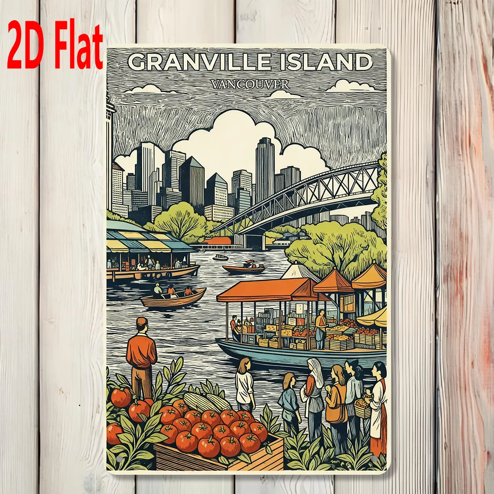 2D/Flat, 1pc, Depicting Vancouver's Granville Island Riverside Market and Cityscape Etc., as a Riverside-themed Holiday Gift