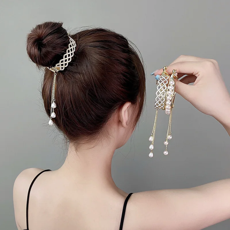 NEWWomen Elegant Luxury Pearl Rhinestone Tassel high ponytail clip Hairpin Headband Fashion Hair Accessories headdress decorate