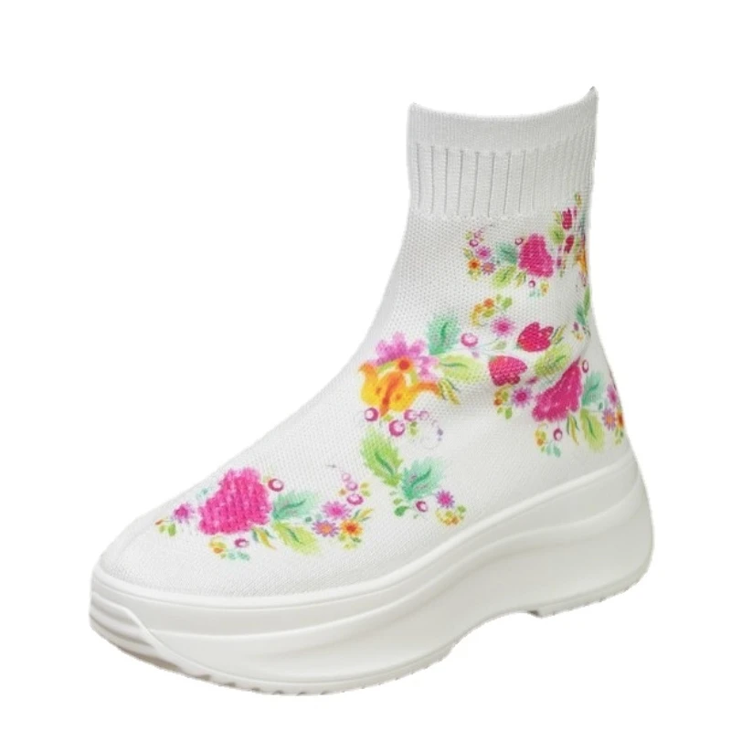 Ladies Shoes 2023 Fashion Sleeve Women's Boots Autumn Round Toe Mixed Colors Shoes Ladies Short Barrel Platform Elastic Boots