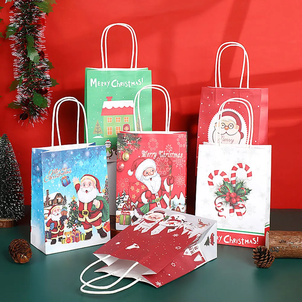 10/20/30/50PCS Christmas Gift Bag Paperboard Packaging Bag Cartoon Santa Claus Snowman Handbag Folding Storage Bag Party Favor