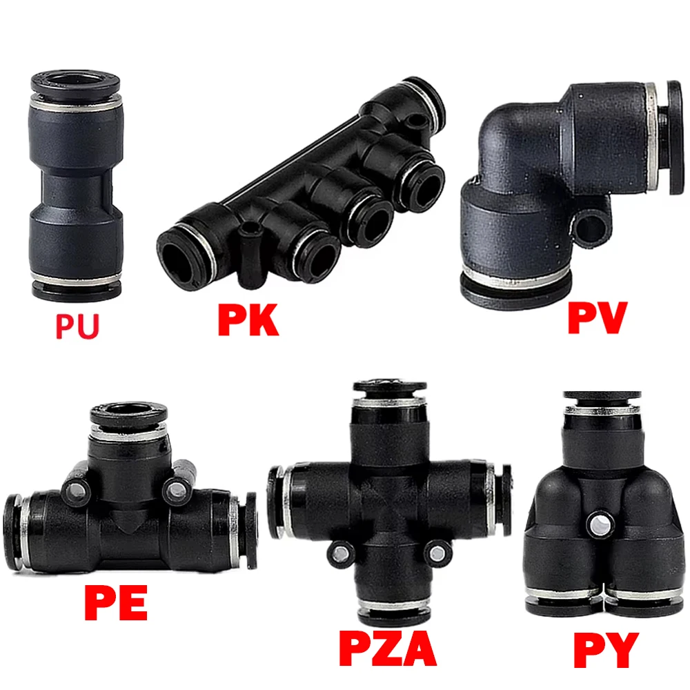 10Pcs Black Pneumatic Fitting Pipe 4/6/8/10/12/14/16mm PU/PE/PY/PV/PZA/PK Connector Tube Air Line Push to Quick Release Fittings