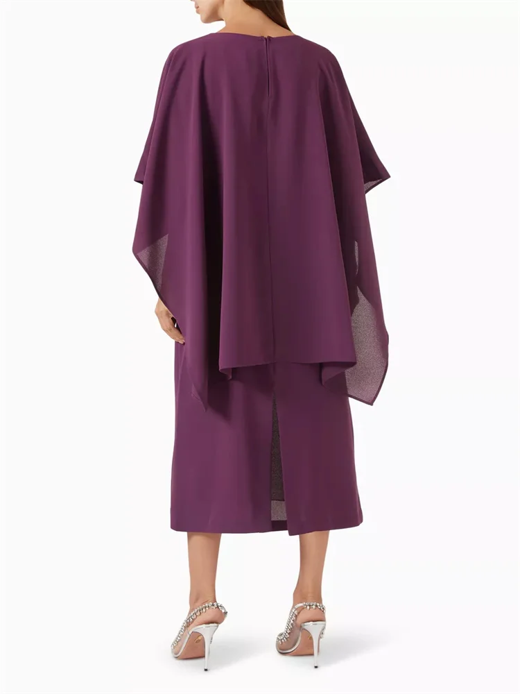 Robe mi-longue en mousseline de soie torsadée, Cape violette élégante, personnalisée, manches Cape drapées, col rond, taille, Design plié