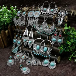 Fashion Bohemian Vintage Tibetan Silver Geometric Drop Earrings For Women Blue Stone Tassel Dangle Earrings Jewelry