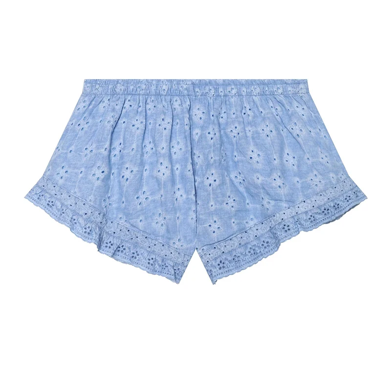 YENKYE Women's Light Blue Hollow Out Embroidery Shorts Elastic High Waist  Loose Casual Summer Shorts