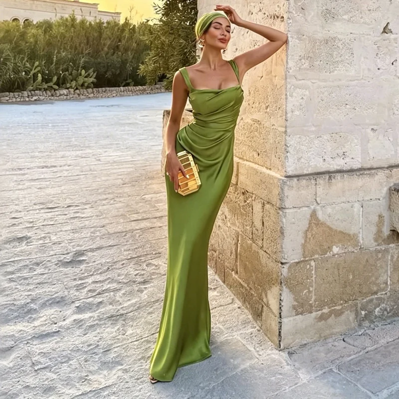 Damen Maxikleid aus Satin mit Schleifenbesatz, ärmellos, mit Fischgrätmuster, Schnürung, gerafftes, figurbetontes, langes Kleid, elegant, für Hochzeitsgäste, Partys, Vestidos, in Pink und Grün – Detail 6