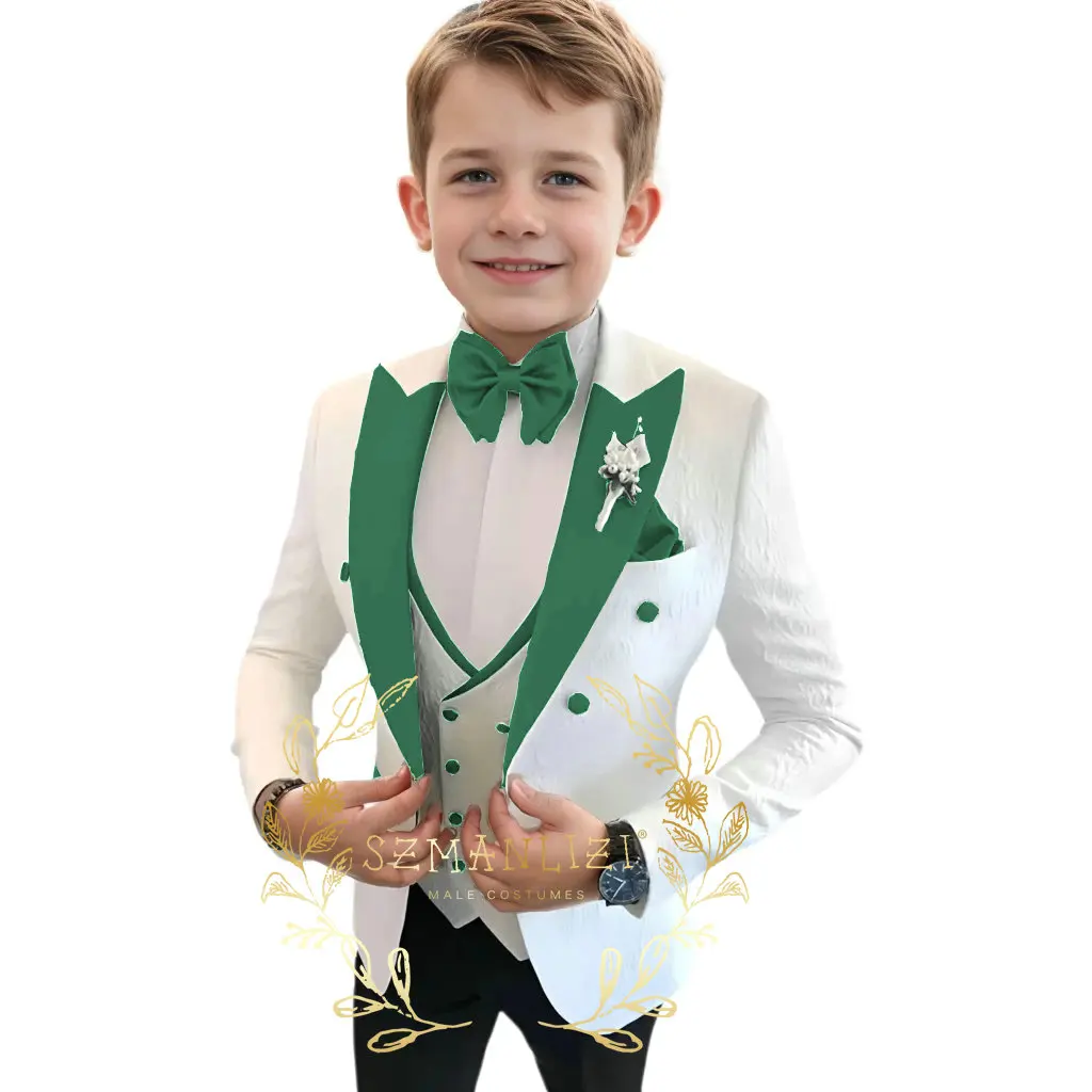 White Pattern Suit for Boys Gold Lapel Formal Outfit 2-16 Years Old Kids Wedding Tuxedo Slim Fit Design Blazer