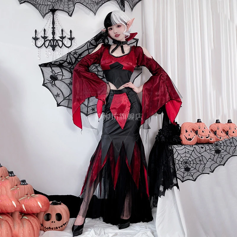 Halloween Costume for Women Sexy Vampire Cosplay Witch Attire Ghost Bride Queen Dress Half Length Skirt Disfraz Anime 3piece