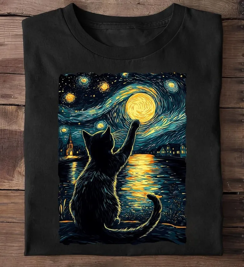 Starry Night Cat T-Shirt: Van Gogh Style, Gift for Black Cat Lovers T-Shirt