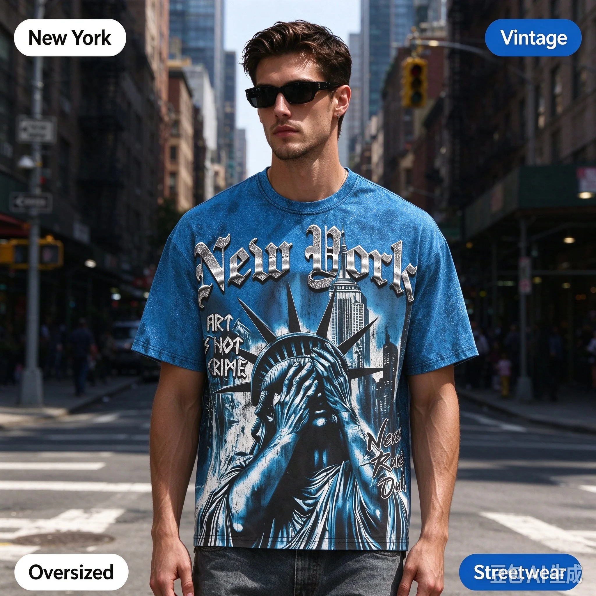 Mens T Shirt New York Statue Liberty Graphic Tee Casual Short Sleeve Retro Vintage Blue Oversized Streetwear Cool Art Soft
