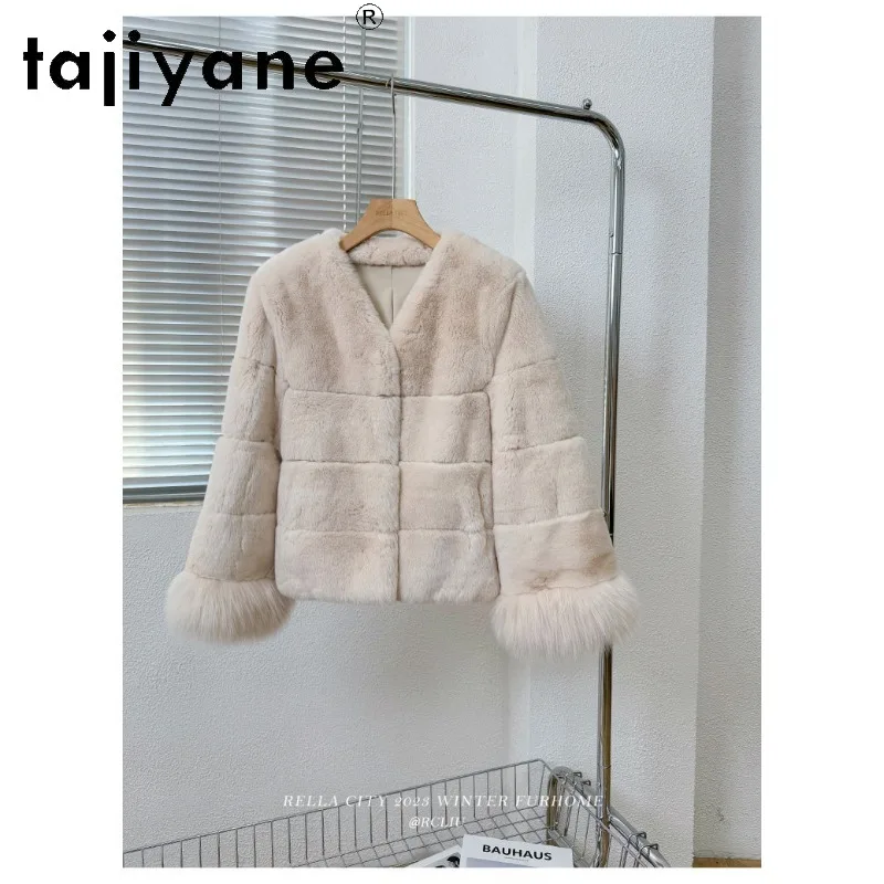 TAJIYANE Natural Rex Rabbit Fur Women Fox Fur Cuff Real Fur Jacket Short Winter Coat Women V-neck Furry Tops Jackets Дубленка