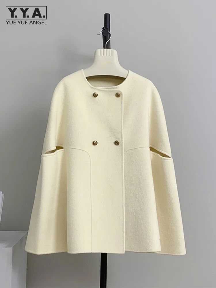 

Vintage Women Double Breasted Woolen Blends Cloak Coat O Neck Ladies Elegant Double Faced Wool Winter Mantle Jacket Solid Colors