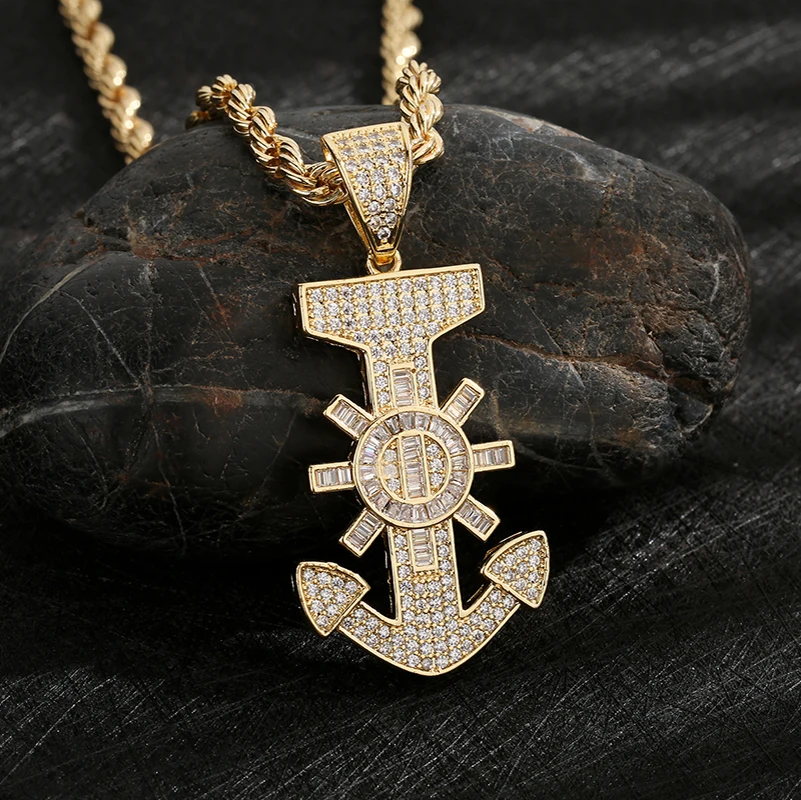 Direct Sale  Hip Hop 14k Gold Plated rudder anchor Moissanite copper Pendants  necklace