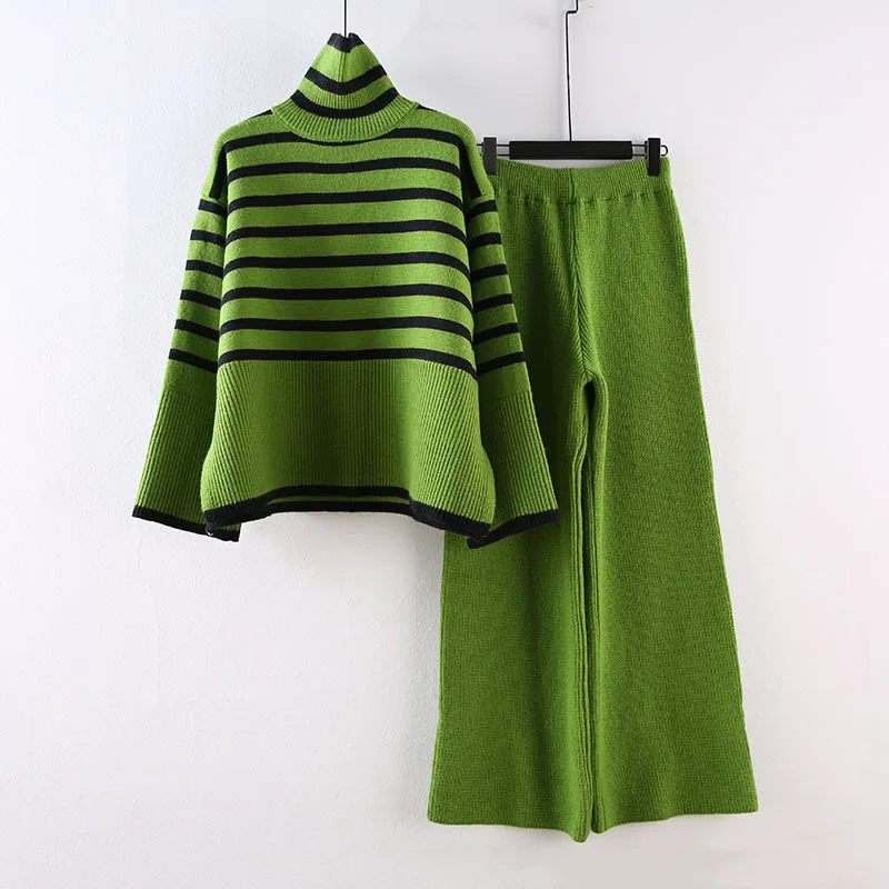 

Casual Loose Striped Sweater Set Pijamas Women Long Sleeve Turtleneck Jumpers Wide Leg Knitted Pants Autumn Women Sleepwear Set