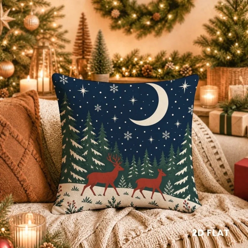 Christmas Forest Night Moon Deer Pajama Throw Pillow Xmas Holiday Decor Seasonal Accent Cushion
