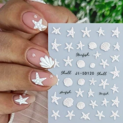 5D Embossed Summer Ocean Nail Stickers White Blue Starfish Shells Letter Sea World Design Self-Adhesive Manicure Deco GLJI-5D120