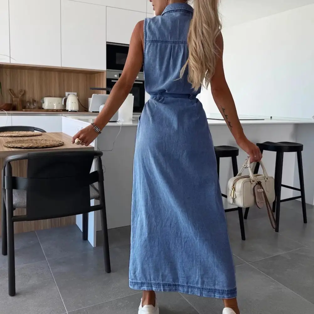 Vestido longo para mulheres vestido camisa jeans com cinto decote em v vestido maxi para mulheres elegante botão longo jean com bolsos lapela