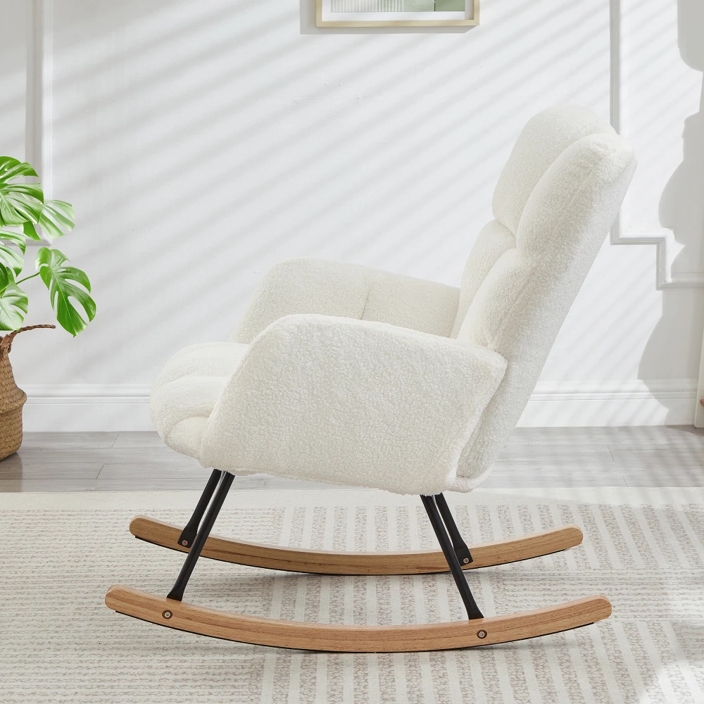Chaise planeuse pour salon, chaise à bascule capitonnée et rembourrée en tissu Teddy avec cadre en métal, chaise d'appoint, blanc ivoire