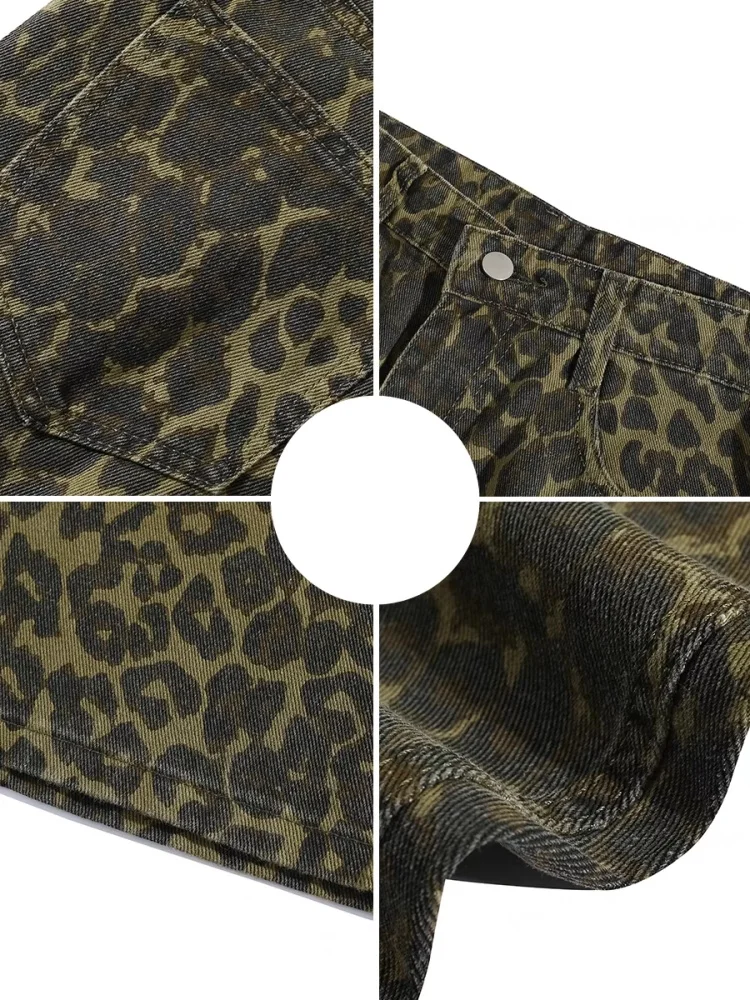 Jeans leopardo de cintura alta para mulheres, calças largas largas, calças de moda streetwear, moda Y2K, calças jeans soltas versáteis, novo, 2024