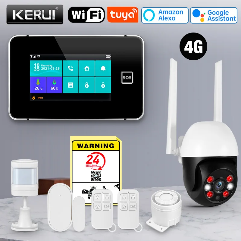 KERUI 4G/2G+WiFi Home Alarm with 4.3-inch Touch Screen Smart Life Products Home Burglar Alarm with Wireless Motion Sensor