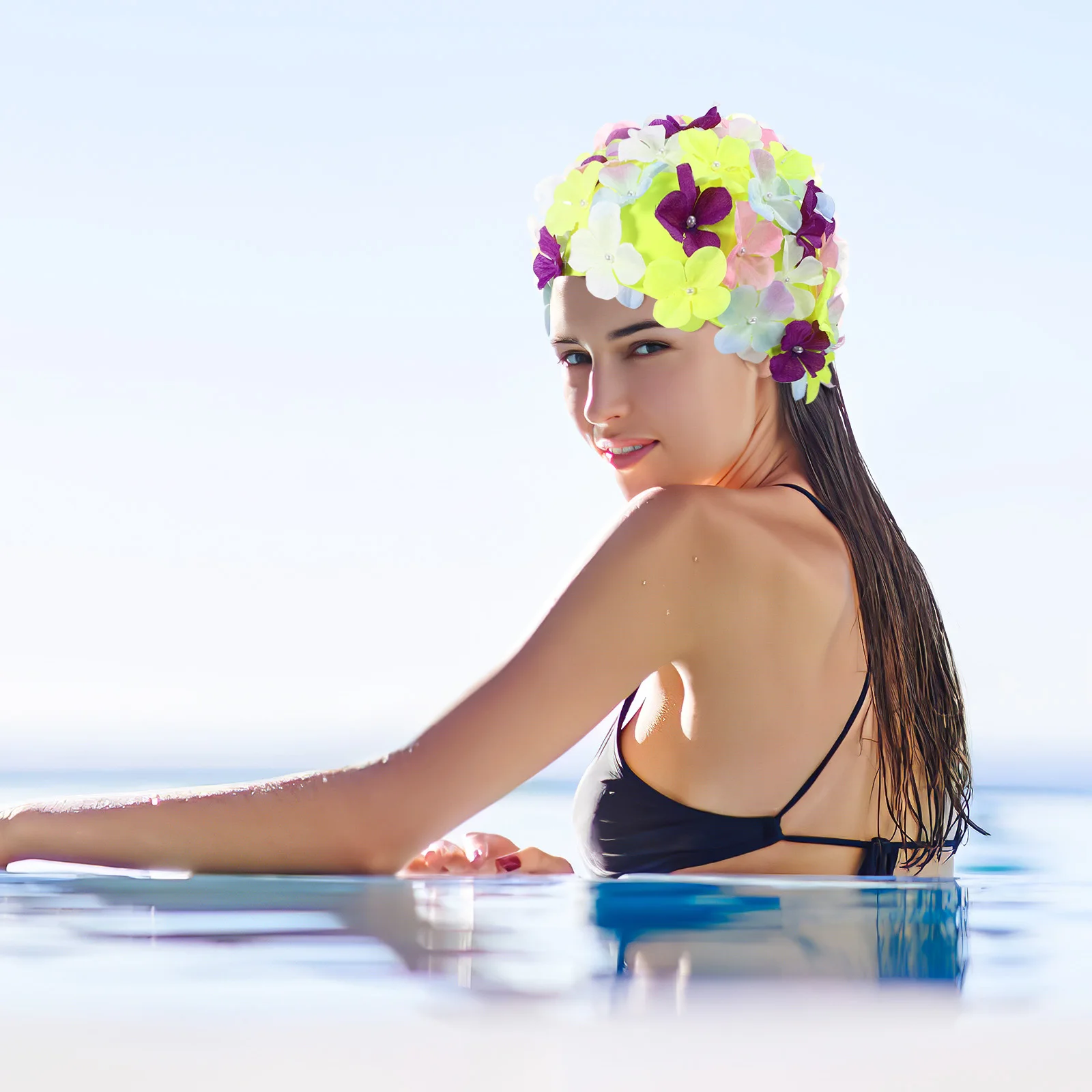 

Large Size Swim Cap Women Floral Design Bathing Hat Durable Reusable Anti Skid Swimmers Caps Protect Hair Ears Sun Water Sports