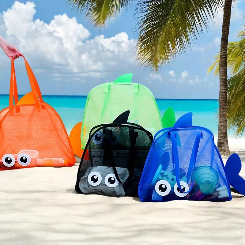 Cartoon Kids Mesh Beach Bag Large Capacity Foldable Sand Toy Storage Tote Lightweight Swim Pool Bag for Gym Travel Camping