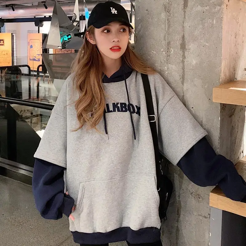 Women Letter Print Hoodies Casual Pullover Fashion Korean Long Sleeve Patchwork Preppy Style Fake 2-piece Hooded Sweatshirt Tops
