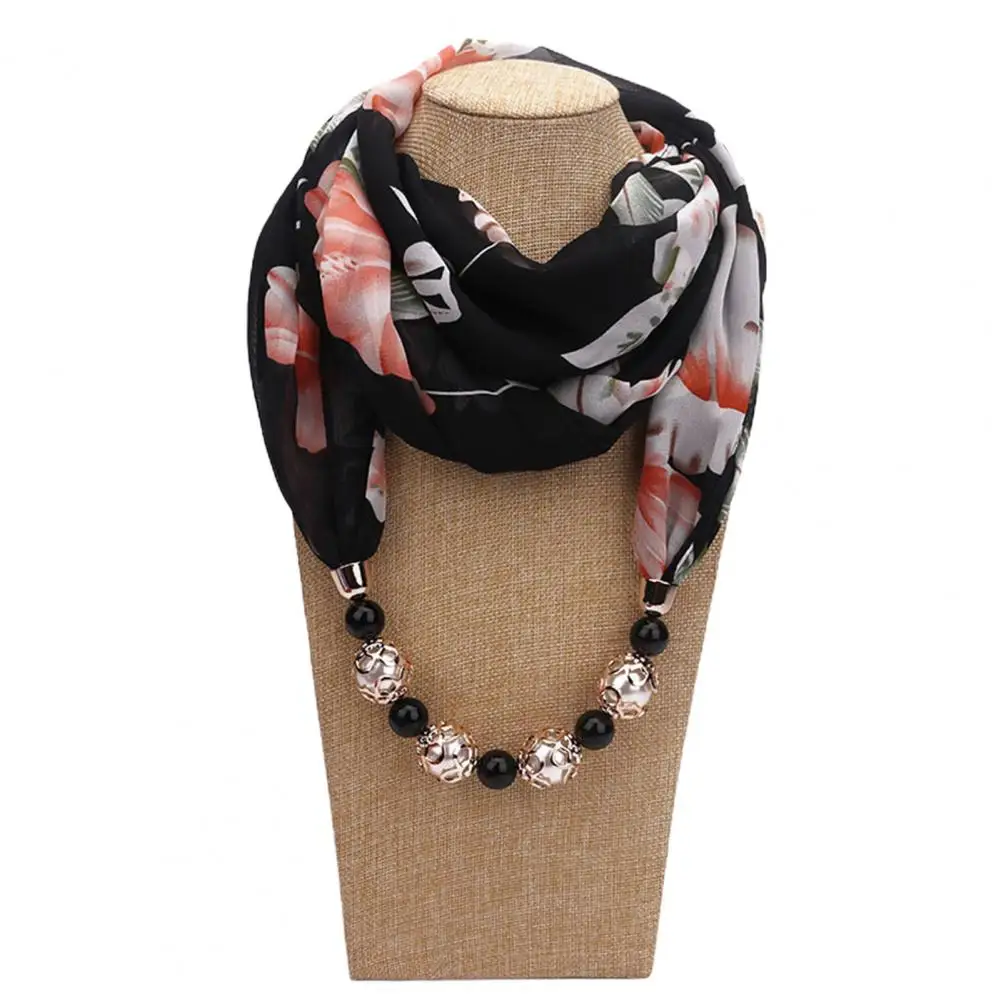 Beads Pendant Floral Print Necklace Scarf Simple Ethnic Style Vintage Chiffon Scarf Necklace Shawl For Home Шарф С Ожерельем